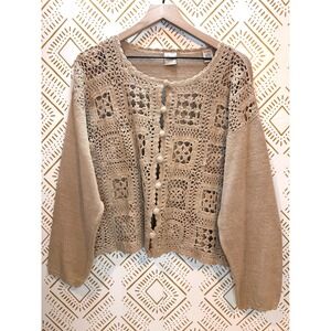 Crochet Cardigan Women L Tan Linen Blend Scalloped Cottage Coastal Neutral Beach